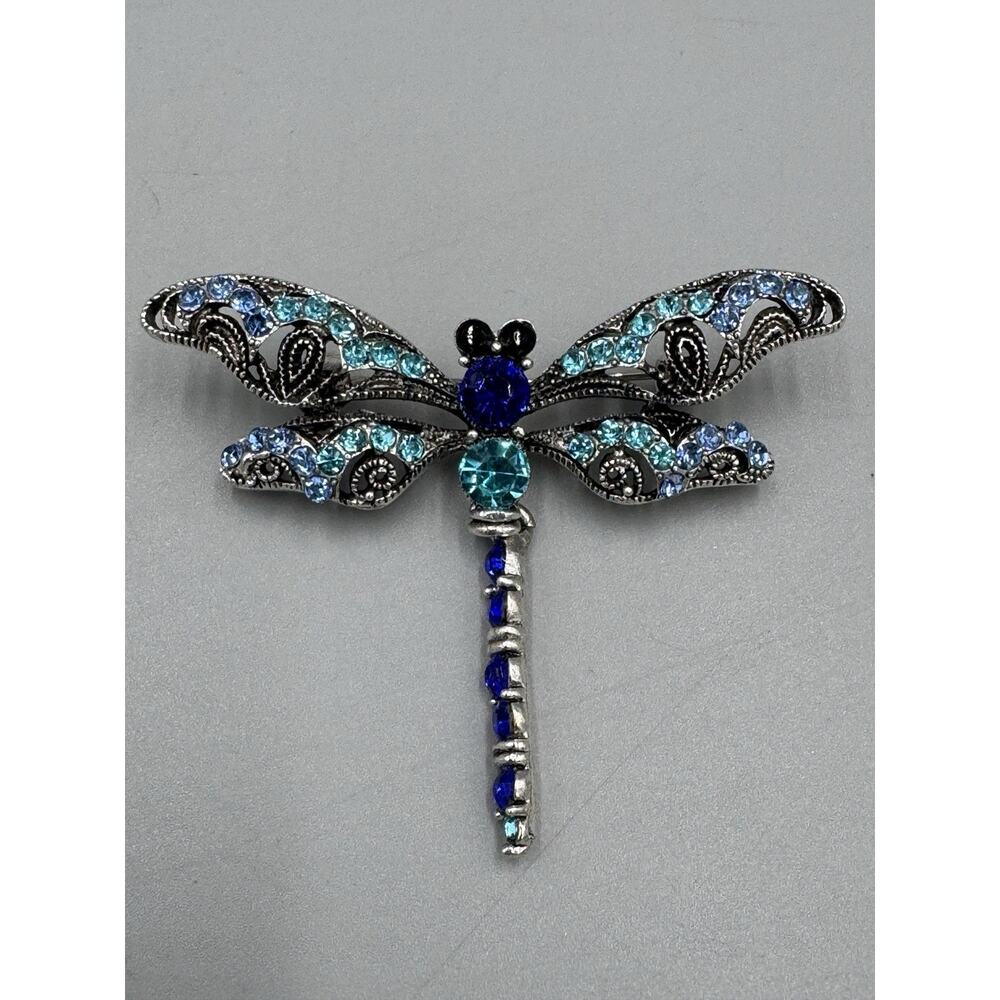 Blue & Silver Colored Dragonfly Brooch with Rhinestones Swinging Tail